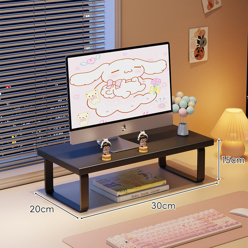 Kompakte Holz-Desktop-Monitorerhöhung mit Metallbeinen und unterer Ablagefläche