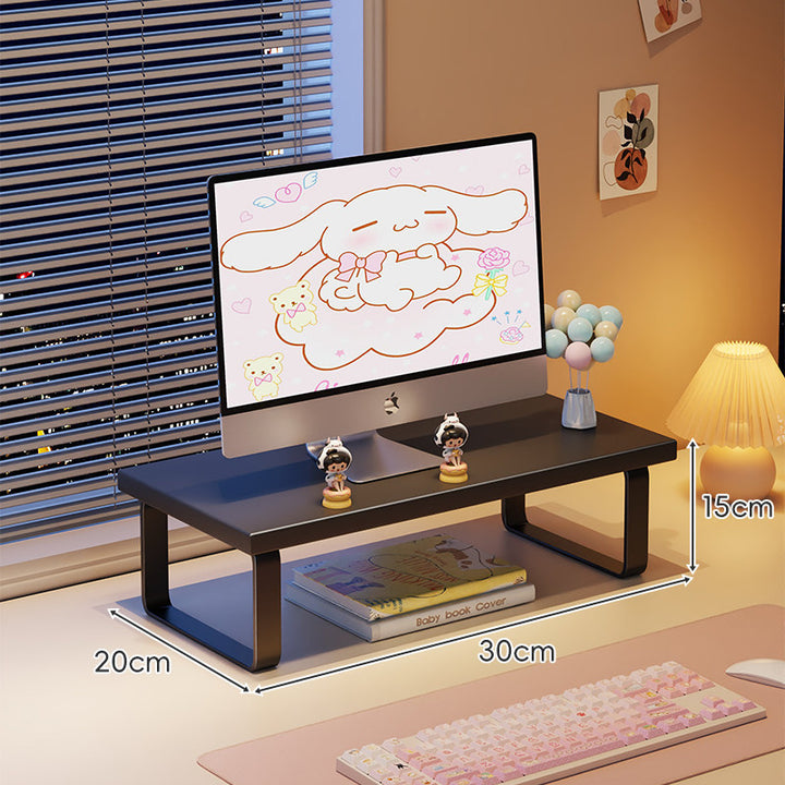 Kompakte Holz-Desktop-Monitorerhöhung mit Metallbeinen und unterer Ablagefläche