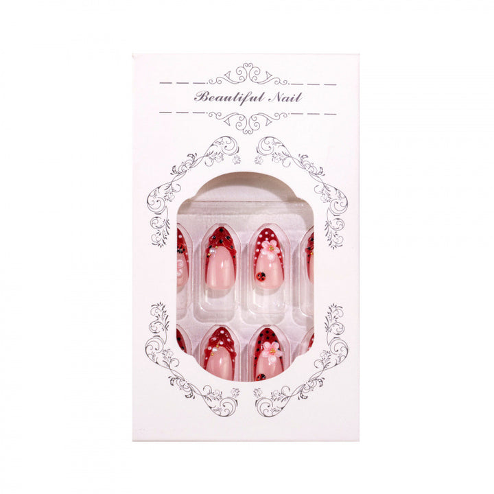 Künstlerisches Press-On-Nagelset mit floralem und Marienkäferdesign