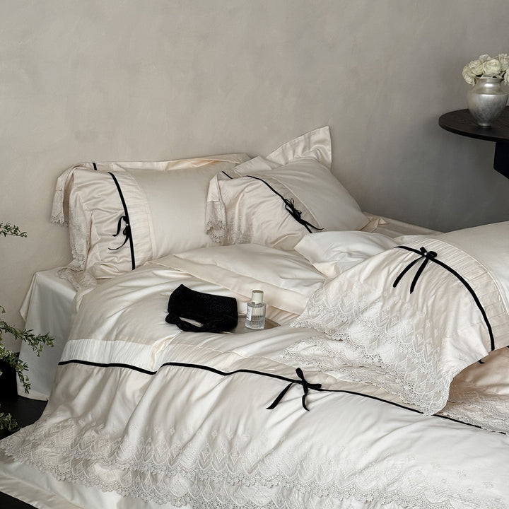 Romantic Lace-Trim Satin-Feel Duvet Cover Set with Bow-Tie Ribbon Accents