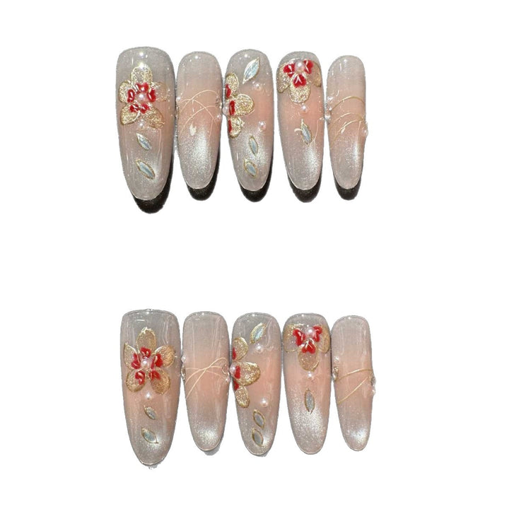 Handgemachter Floral Press-On Nail Set mit 3D-Blumen- und Edelsteinakzenten