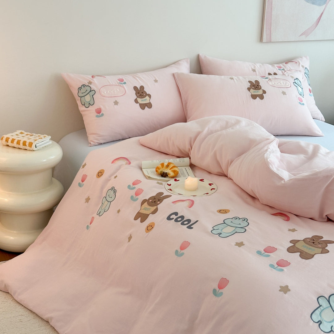 Baumwoll-Bettwäsche-Set mit gesticktem Donut-Motiv und Kissenbezügen Karnz