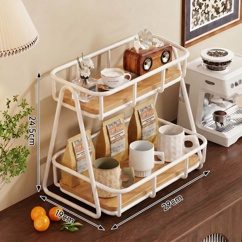 Dual-Tier Arbeitsplatten Kaffee- & Gewürzorganisator mit Metallschutz und Holzregalen