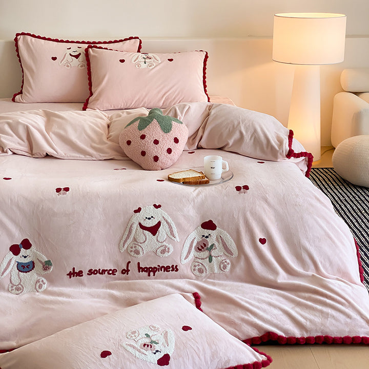 Plüschgestepptes Kaninchen Bettbezug-Set mit Pompon-Saum