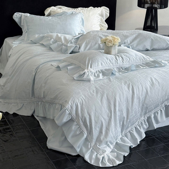 Rüsch-Jacquard-Schleifenmuster-Satin-Bettbezug-Set mit Spitzenbesatz und Kissenbezügen