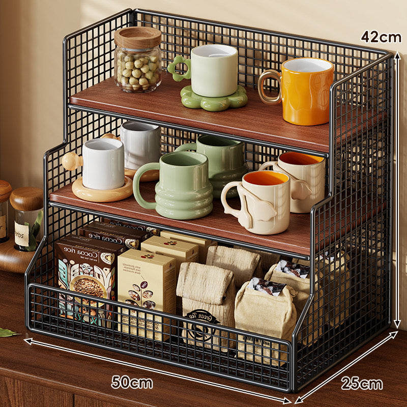Drei-Tier-Theken-Drahtgeflecht-Regal-Organizer mit Bambusregalen