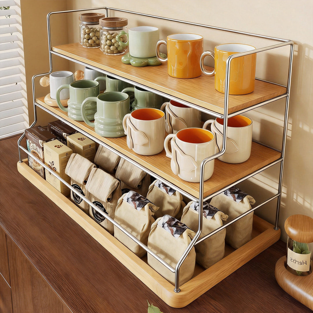 Drei-Tier-Theken-Drahtgeflecht-Regal-Organizer mit Bambusregalen