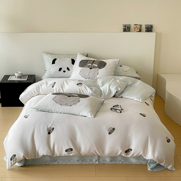 Wendbare Baumwollsatin-Bettgarnitur mit minimalistischen Panda-Gesichtern