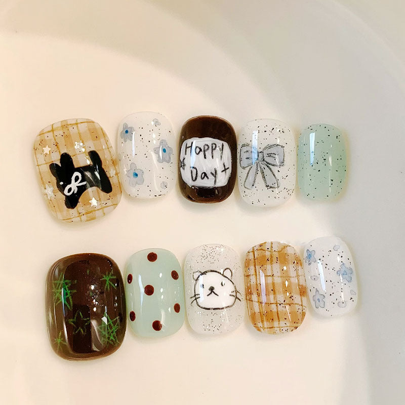 Künstlerisches katzenmotiviertes Press-On-Nagelkunstset Karnz