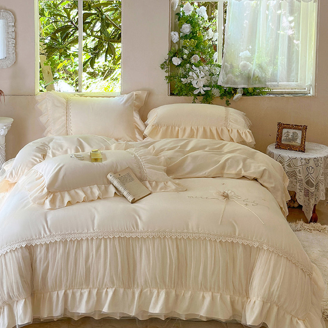 Rüschenschicht-Chiffon besticktes Bettbezug-Set mit Spitzenbesatz und Kopfkissenbezügen