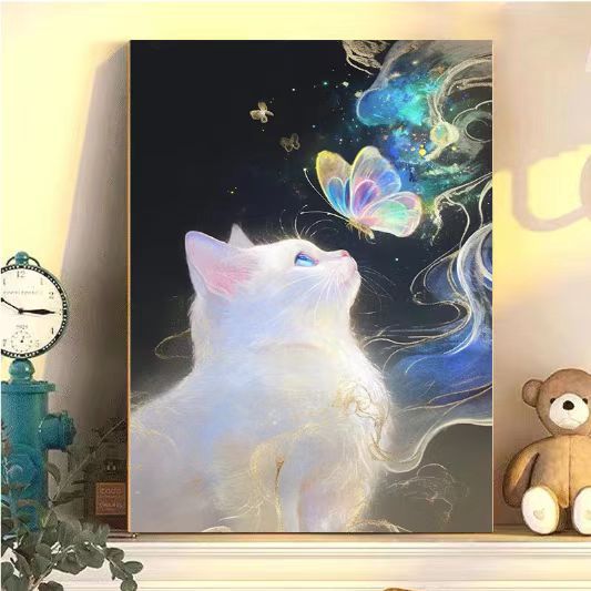 Verzaubernder Katzen- und Schmetterlings-Kunstdruck Karnz