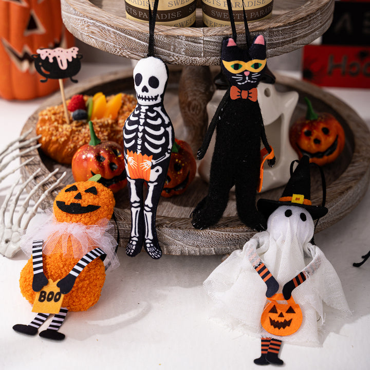 Halloween-Hängedekoration Plüschkürbis mit Tüllkragen und Bandaufhängung