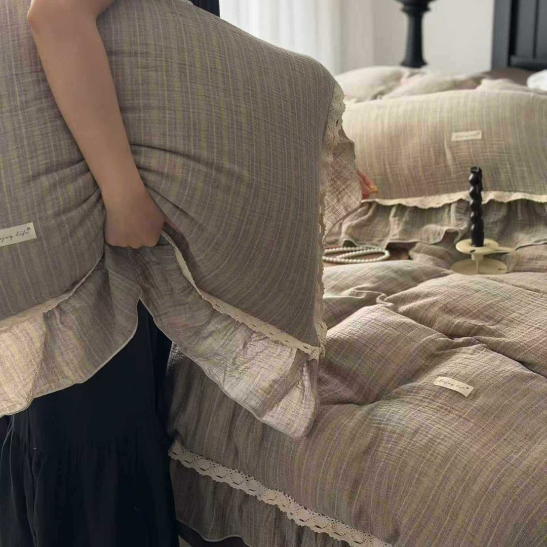 Vintage-Textured Gauze Duvet Cover Set with Layered Ruffle Hem & Crochet Lace Edge