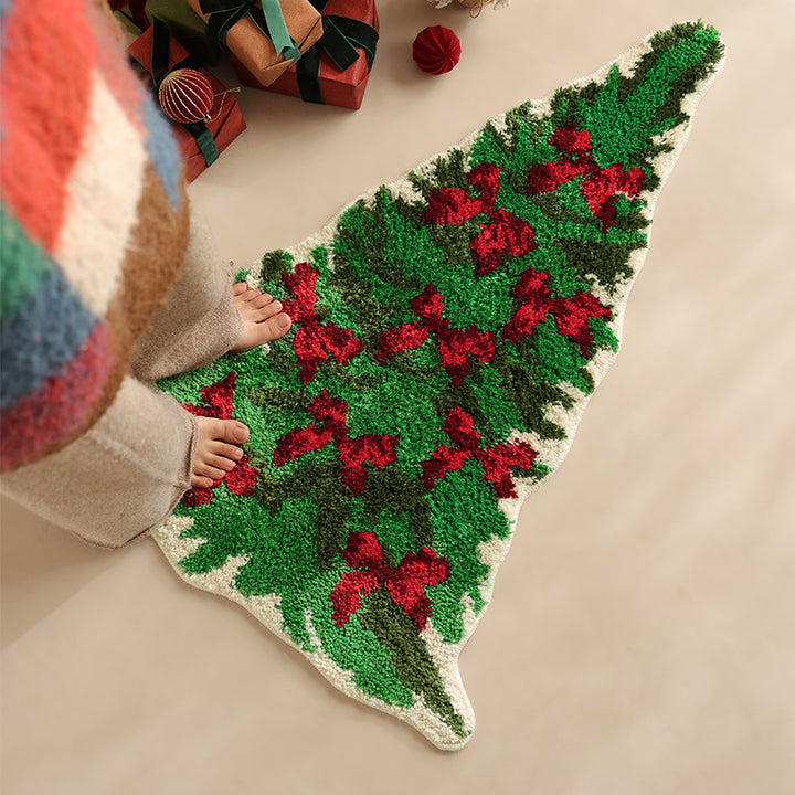 Weihnachtsbaumförmiger Chenille-Teppich mit tuftierter Schleifen‑Optik