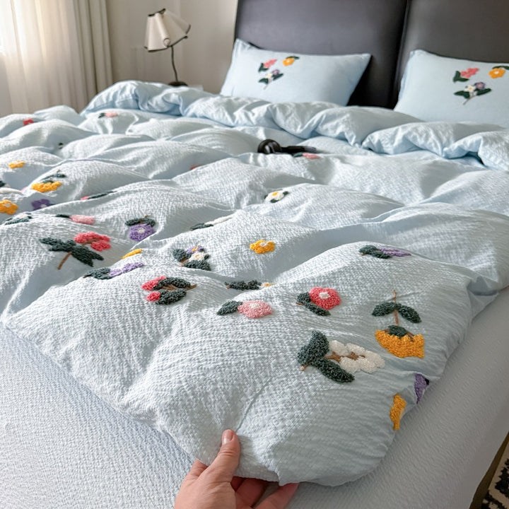 Texturiert Gesticktes Floral Bettbezug-Set mit Tufted Applikation
