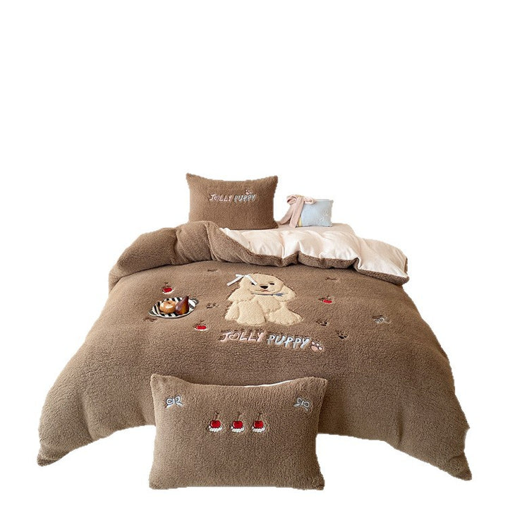 Plüsch-Bettwäsche-Set mit Sherpa-Finish, gesteppter Kuscheldecke und besticktem Welpenmotiv Karnz
