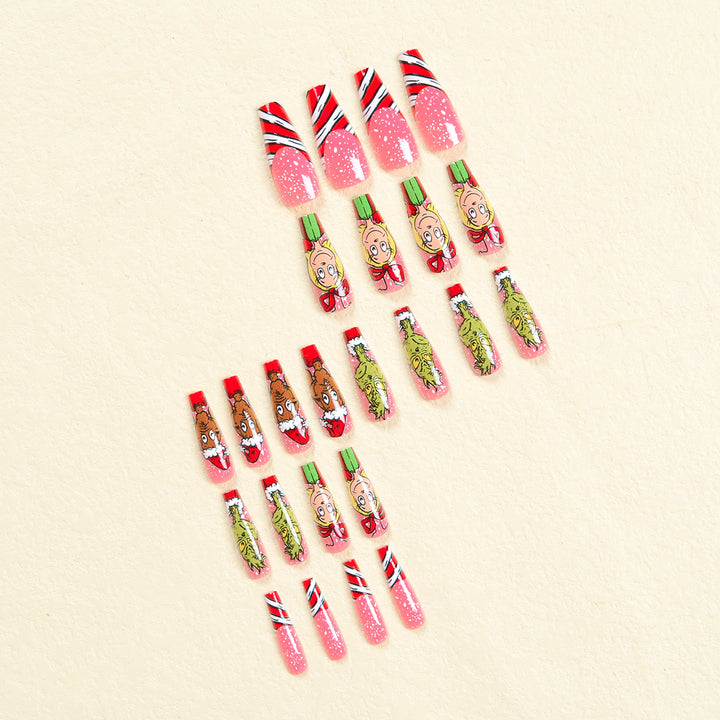 Kunstnagelset mit festlichen Motiven und charmantem Grinch Design Karnz