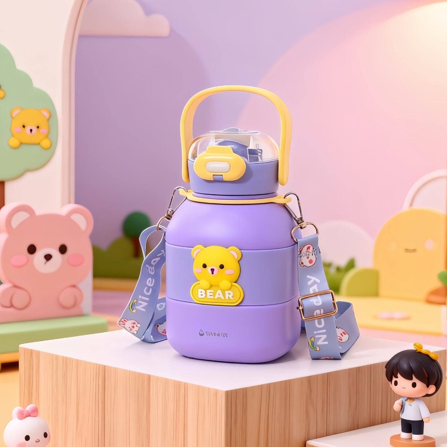 Damen Isolierte Trinkflasche mit integriertem Tragegurt und Tiermotiv Karnz