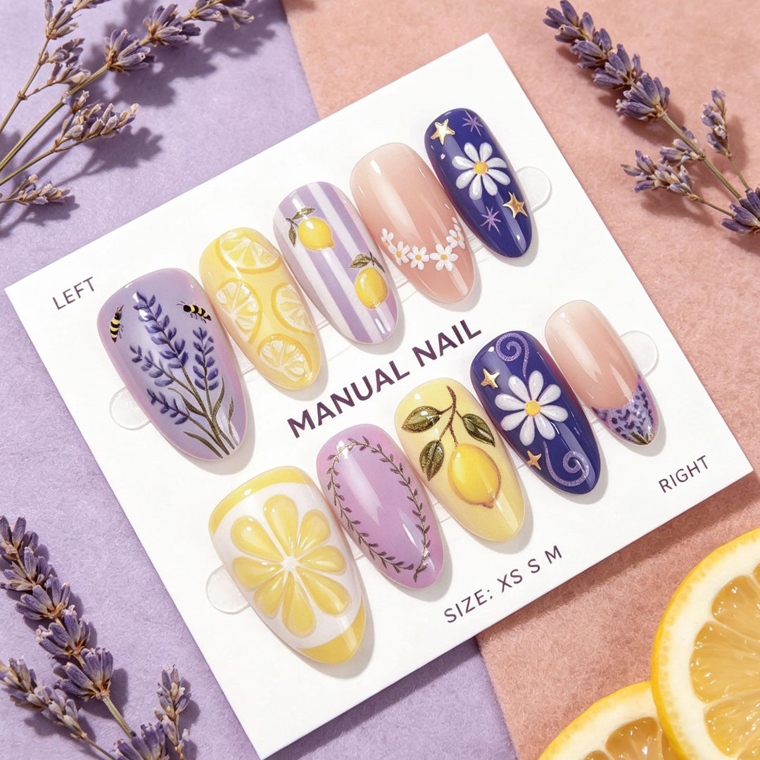 Manuelles Nagelkunst-Set mit floralen und Zitronendesigns