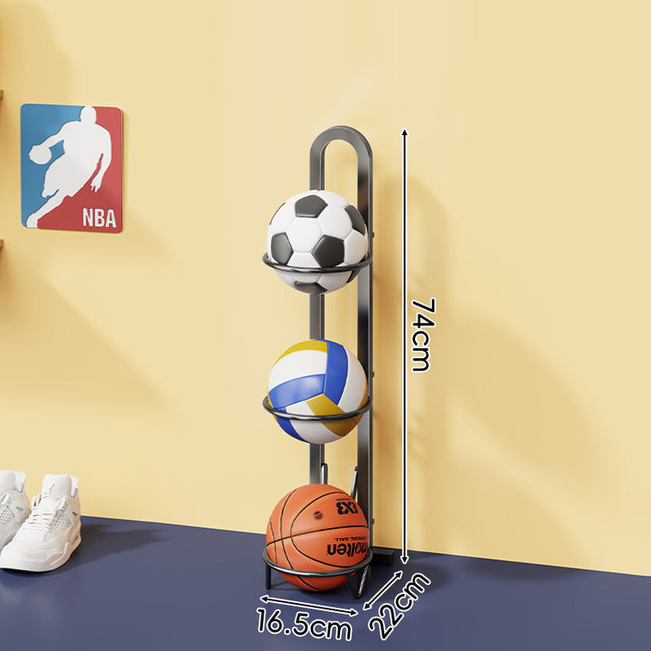 Dreistufiger vertikaler Sportballlagerregal mit wandfertigem Sockel und kreisförmigen Halterungen