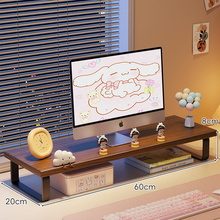 Kompakte Holz-Desktop-Monitorerhöhung mit Metallbeinen und unterer Ablagefläche