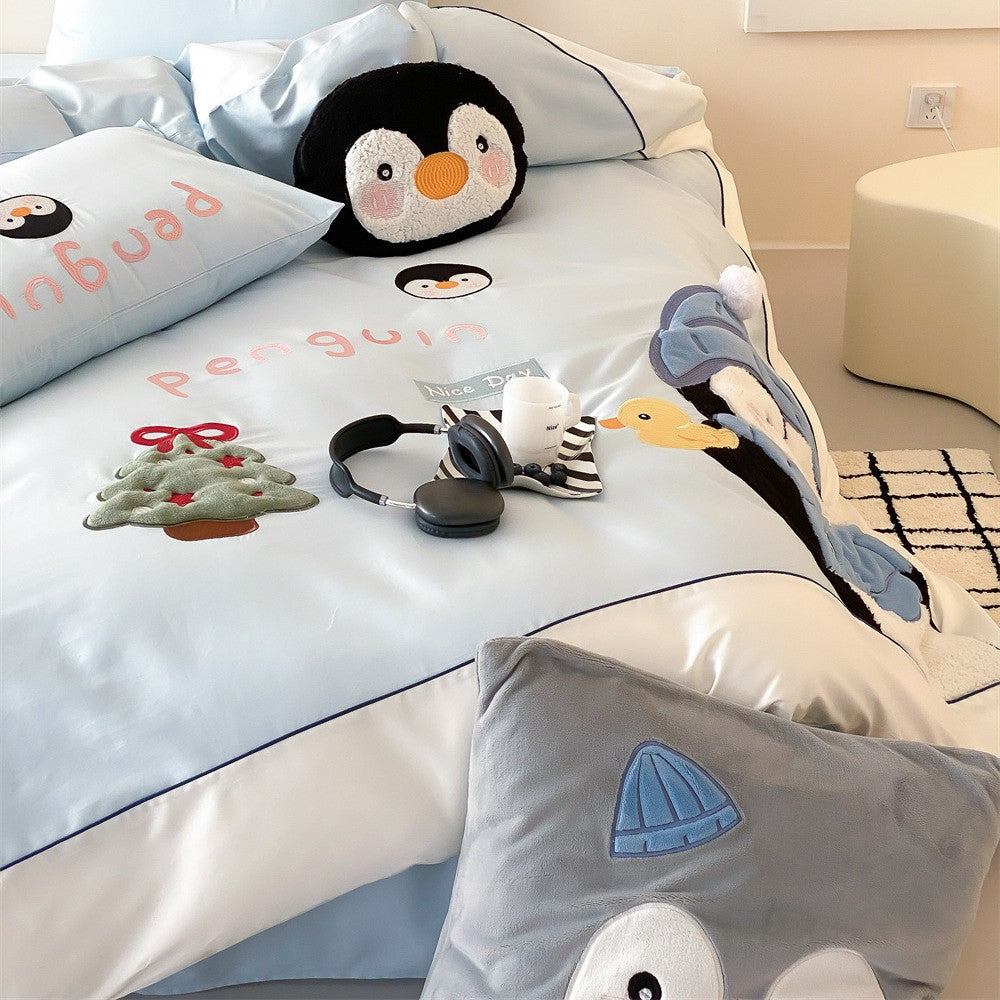 Kinderbettwäsche-Set mit gestickten dreidimensionalen Pinguinapplikationen und weichem Baumwollsatin