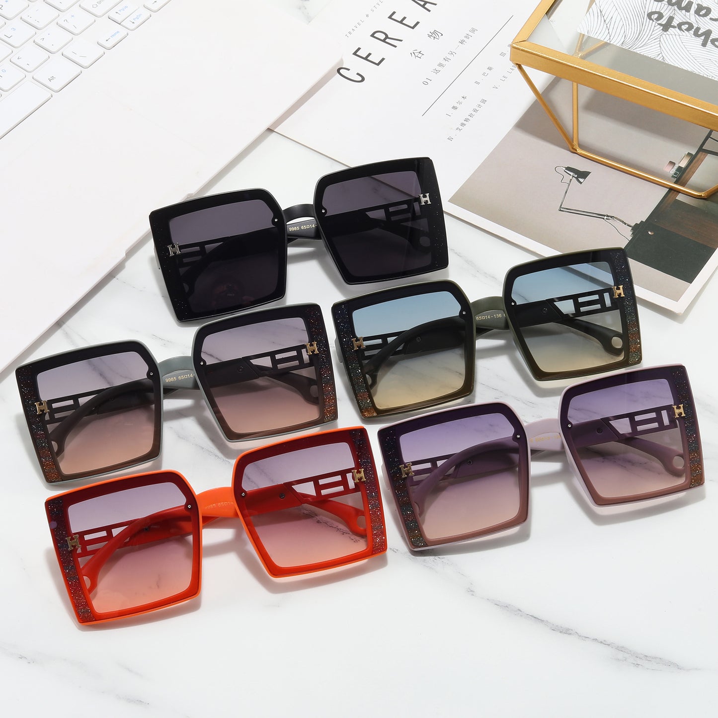 Damen modische Sonnenbrille mit extravagantem, rechteckigem Rahmen Karnz