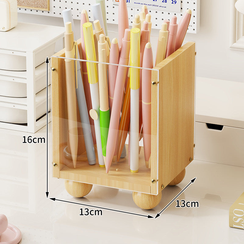 Holz Desktop Stift- und Schreibwarenorganizer mit rauchigem Acrylpaneel und abgerundeten Füßen