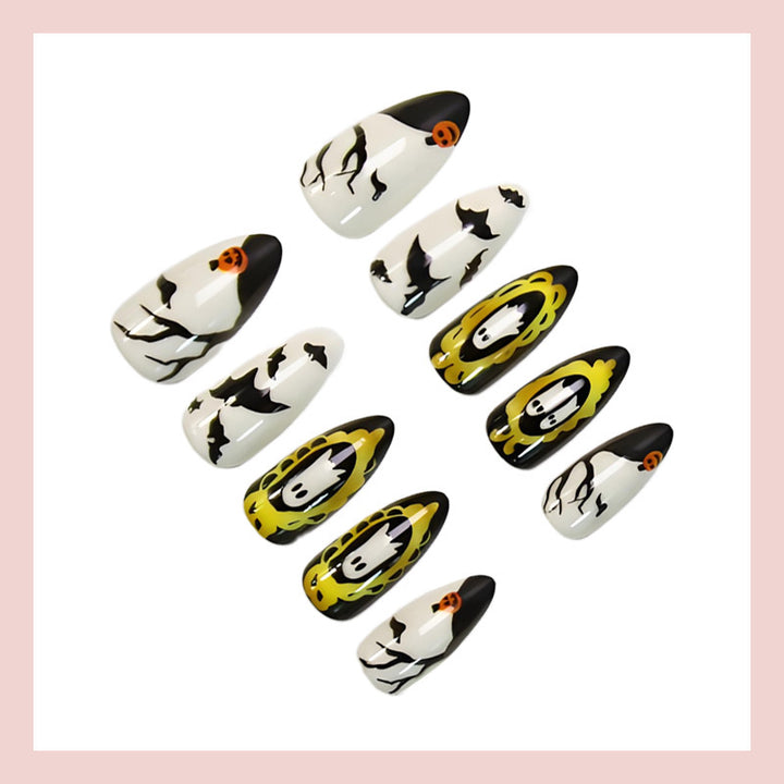 Kunstnagelset mit gruseligen Halloween-Motiven und auffälligen Designs Karnz