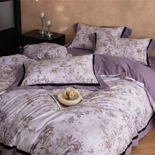 Vintage Floral Sating Bettbezug Set mit schwarzem Saum und Umschlagkissenbezügen