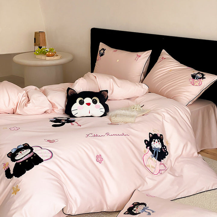 Bestickte Katzenbaumwolle-Satin Bettbezug Set mit Kopfkissenbezügen
