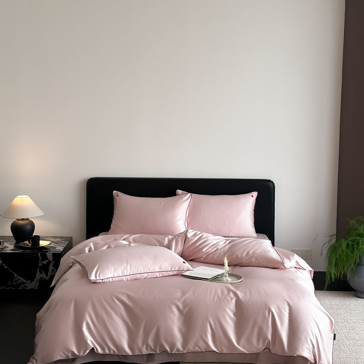Luxus Satin Bettbezug Set mit kontrastierenden gepipten Kissenbezügen