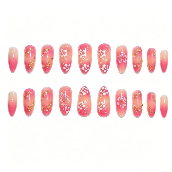 Künstlerisches Nagelkunst Press-On Nagelset mit floralen und goldenen Akzenten Karnz