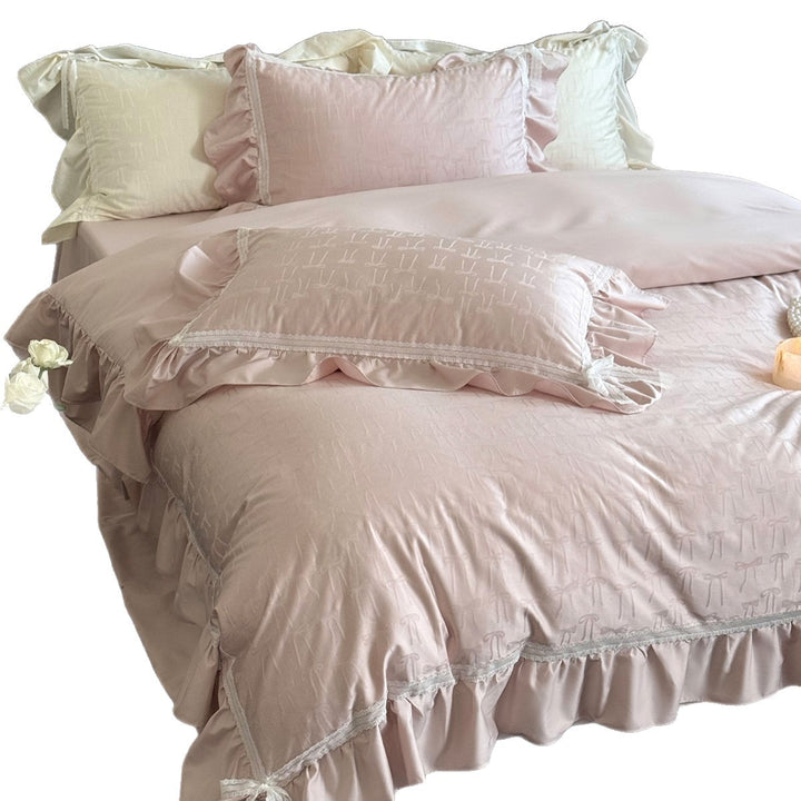Rüsch-Jacquard-Schleifenmuster-Satin-Bettbezug-Set mit Spitzenbesatz und Kissenbezügen