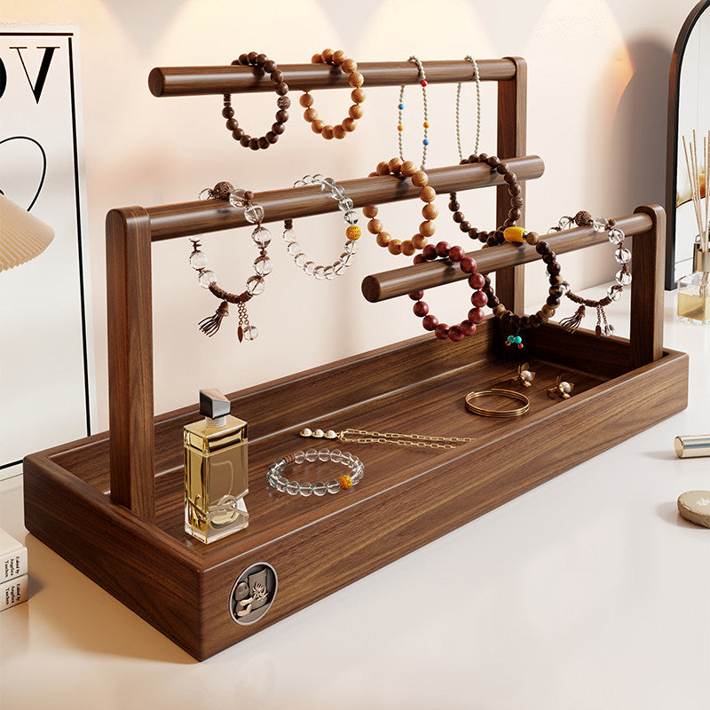 Holz Stufen Schmuck Display Ständer mit drei Stangen und Ablagewanne