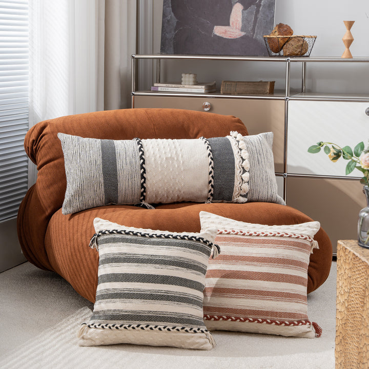 Rechteckiges Boho-Lumbar-Kissen mit geflochtenen Bändern und Quasten