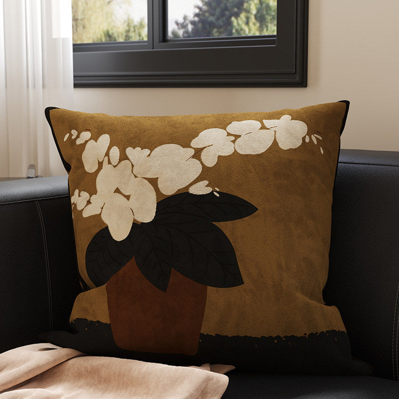 Decorative Square Velvet Throw Pillow Cover with Patchwork Quilted Stitch & Botanical Geometric Panels