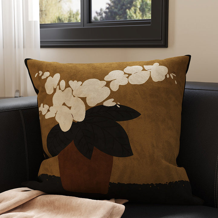 Decorative Square Velvet Throw Pillow Cover with Patchwork Quilted Stitch & Botanical Geometric Panels