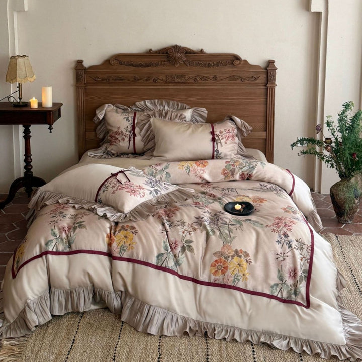 Romantisches Satin-Bettwäsche-Set mit Rüschen, Blumenstickerei und Wendefunktion