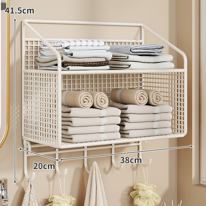 Wandmontierter Gitter-Mesh-Badezimmer-Organizer mit mehreren Regalen und integrierten Haken
