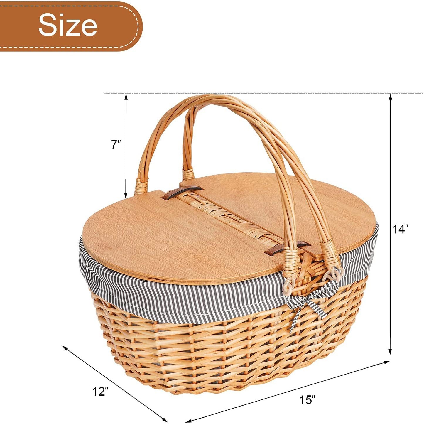 Damen Picknickkorb mit Holzdeckel und gestreiftem Futter Karnz