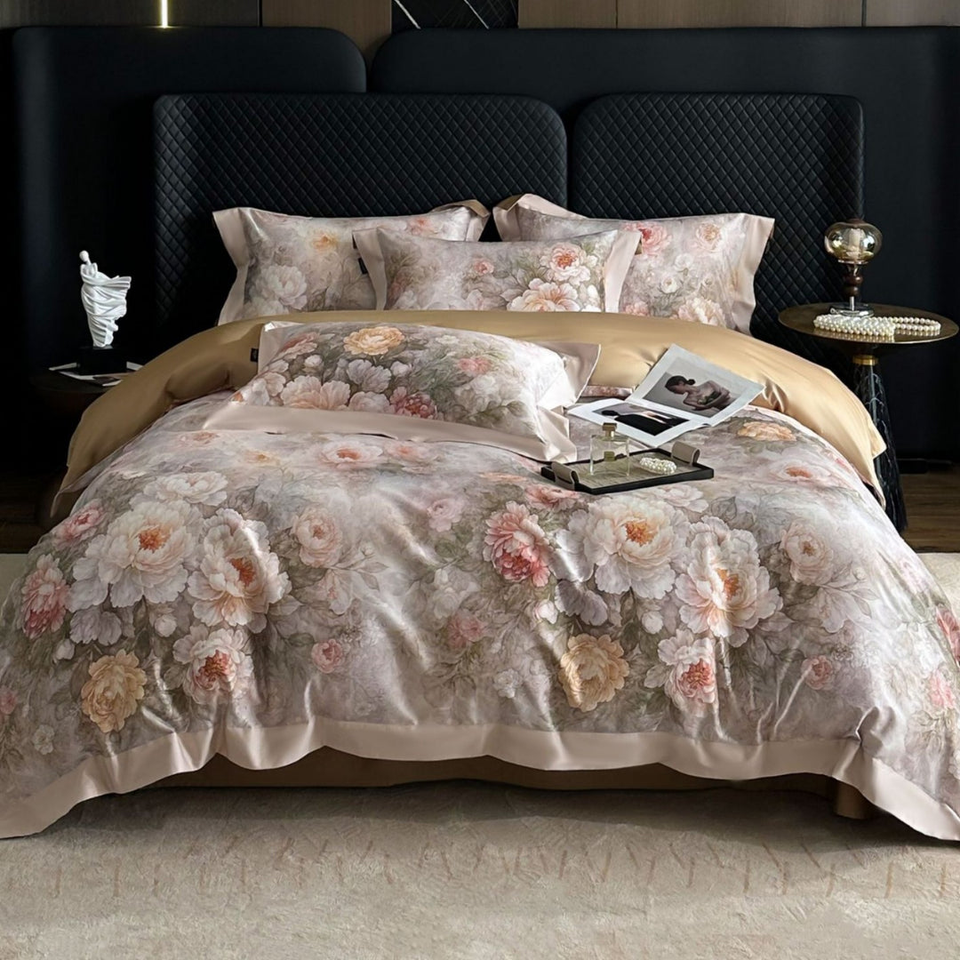 Premium-Baumwoll-Satin-Bettwäschegarnitur mit detailliertem Botanischem Toile-Motiv und Satinbordüre