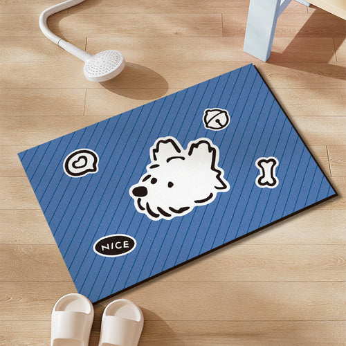Plush Absorbent Non-Slip Bathroom Door Mat with Cartoon Stretching Cat and Paw Print