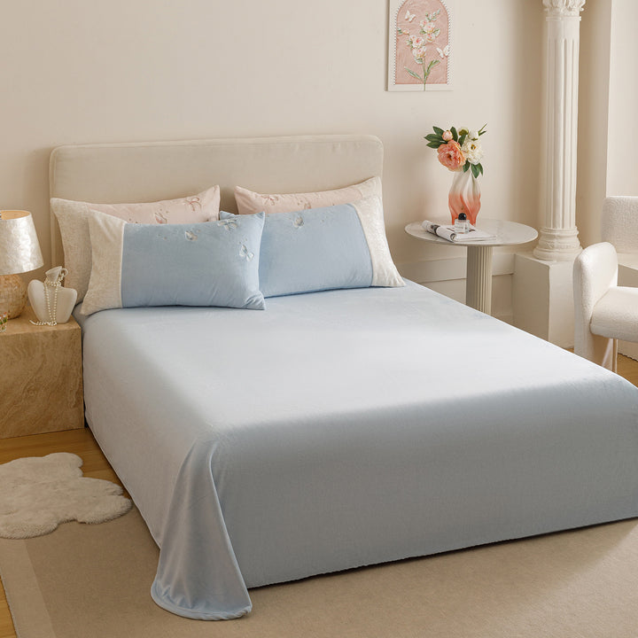 Bestickter Schmetterling Plüsch Sherpa-Trim Baumwollsatin Bettbezug Set