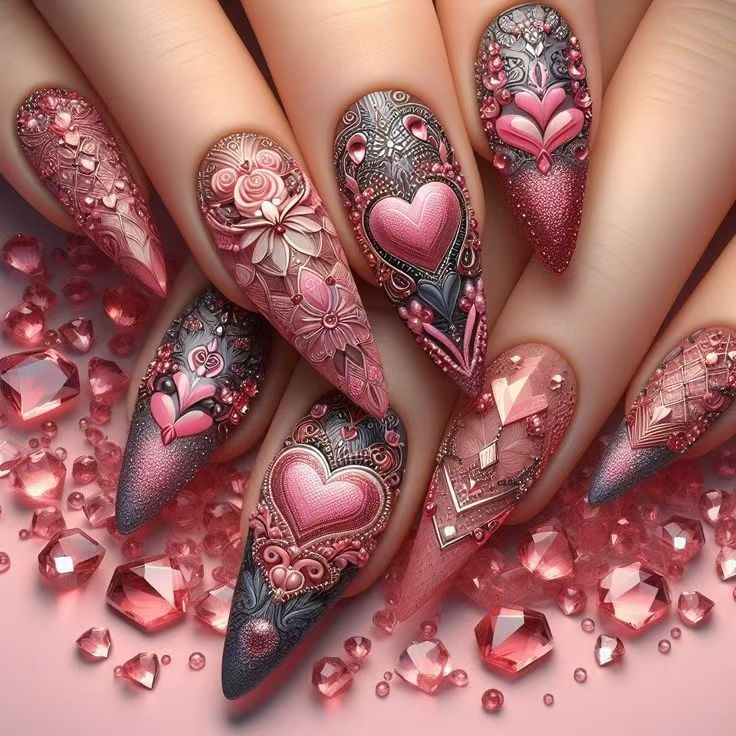 Kunstnagelset mit romantischen 3D-Herz-Designs und luxuriösen Verzierungen Karnz