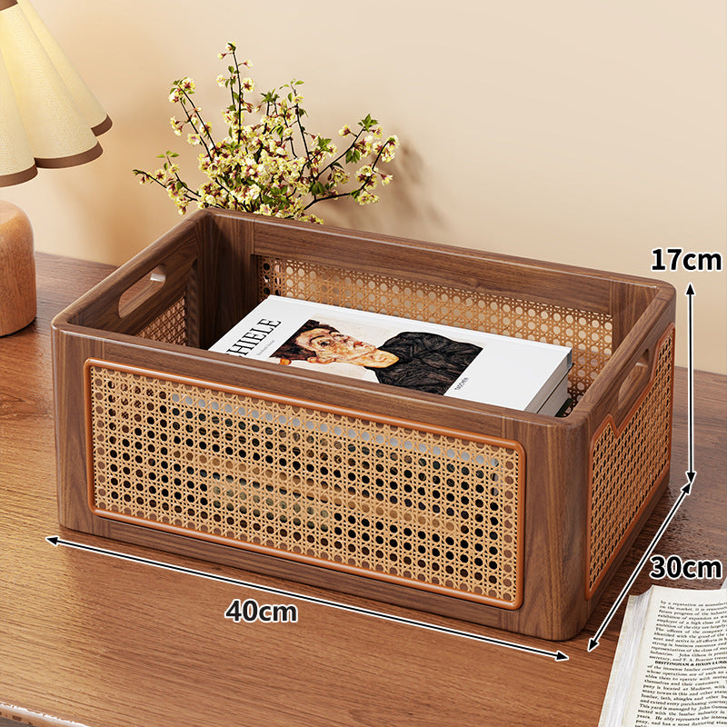 Rattan-Accent Massivholz Schreibtisch Aufbewahrungstablett mit Griffen