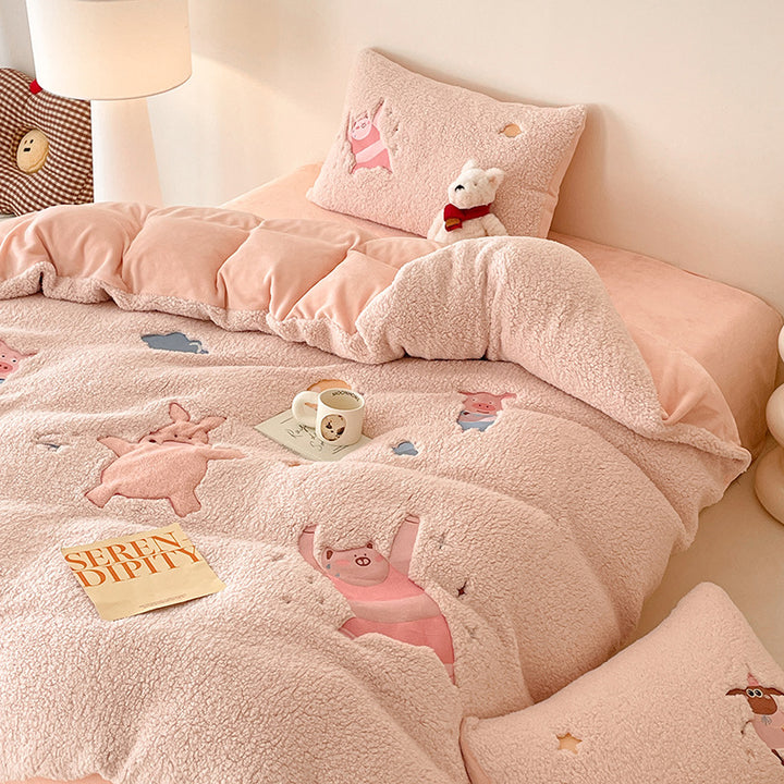 Sherpa Plush Cartoon Embroidered Duvet Bedding Set
