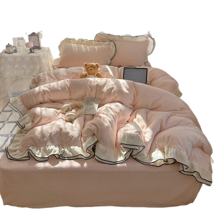 Plush Jacquard Quilted Duvet Comforter with Ruffle Trim and Contrast Piping