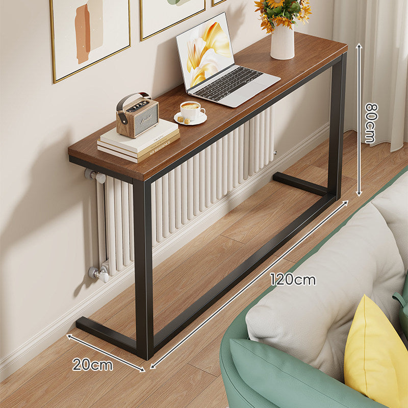 Schlanke schmale Konsole mit weißem Metallrahmen und Holzmaserung-Oberfläche