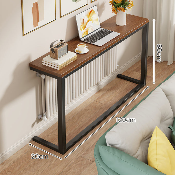 Schlanke schmale Konsole mit weißem Metallrahmen und Holzmaserung-Oberfläche